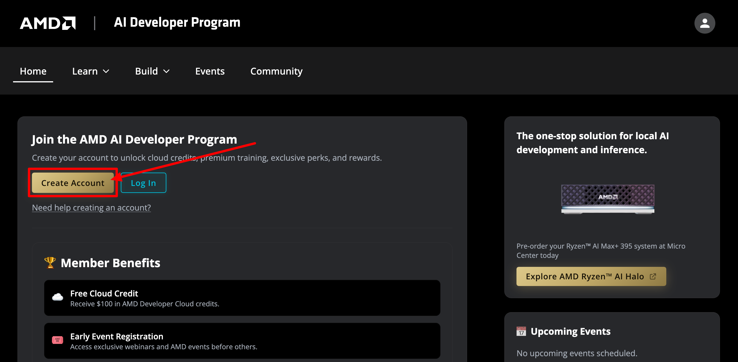 Step 1: AMD AI Developer Program homepage with Create Account and Log In buttons