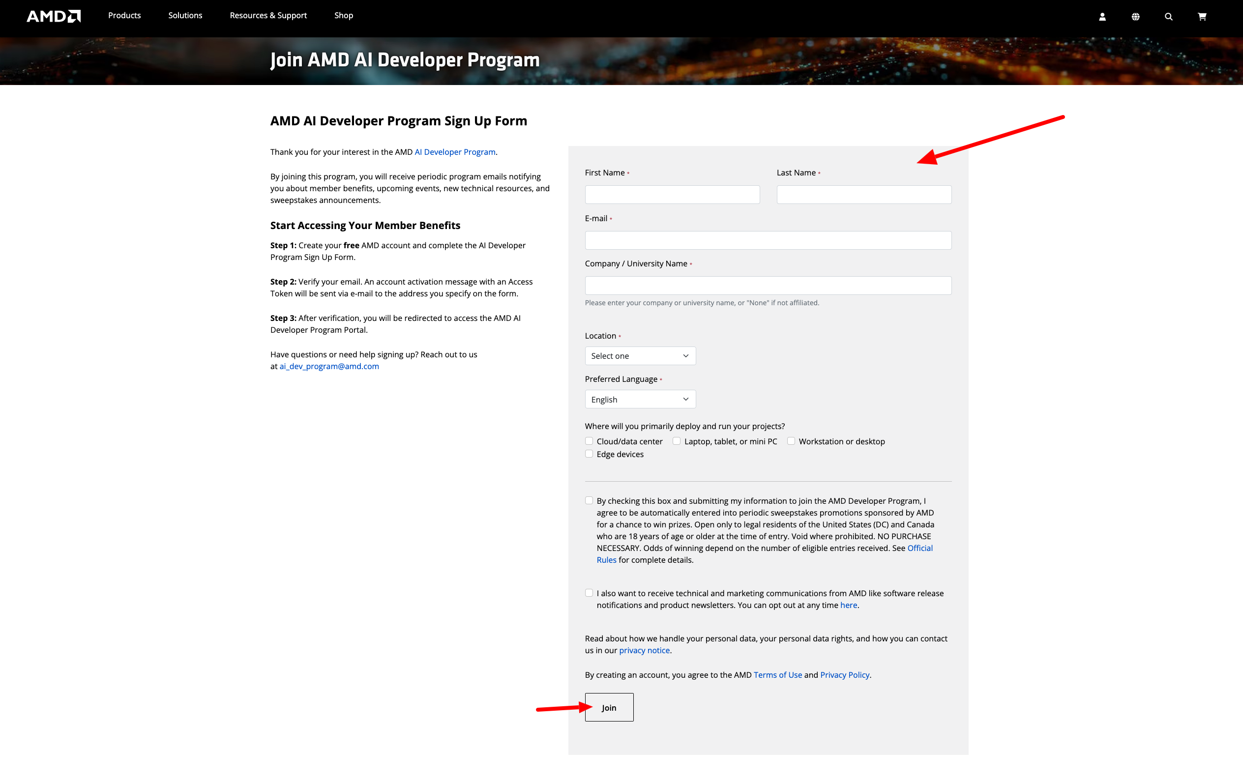 Step 2: AMD AI Developer Program sign up form with personal details and Join button