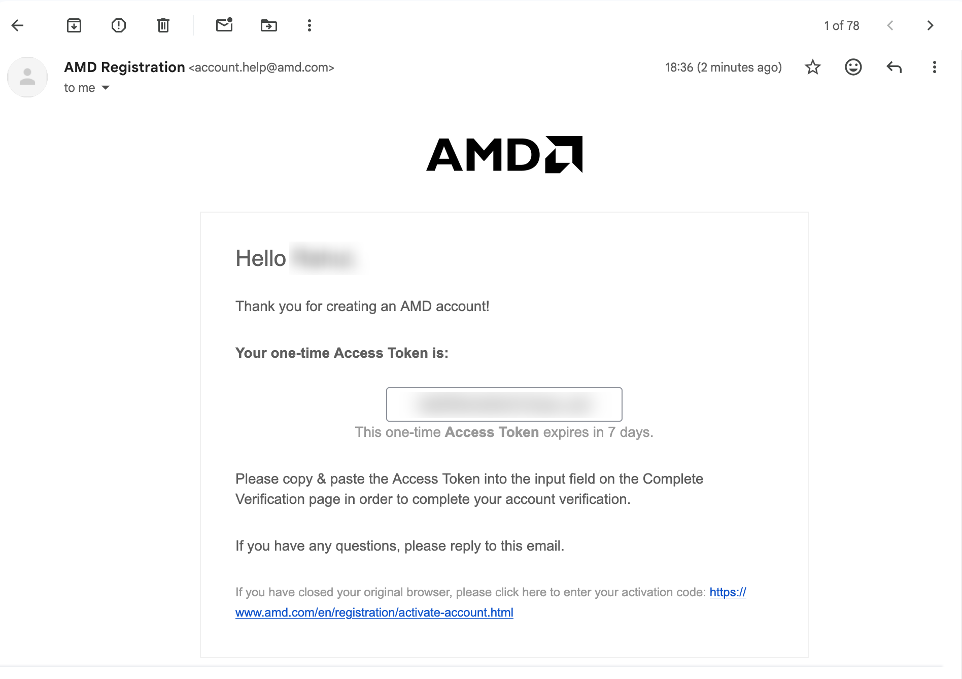 Step 3: Activation email from AMD Registration containing the one-time Access Token