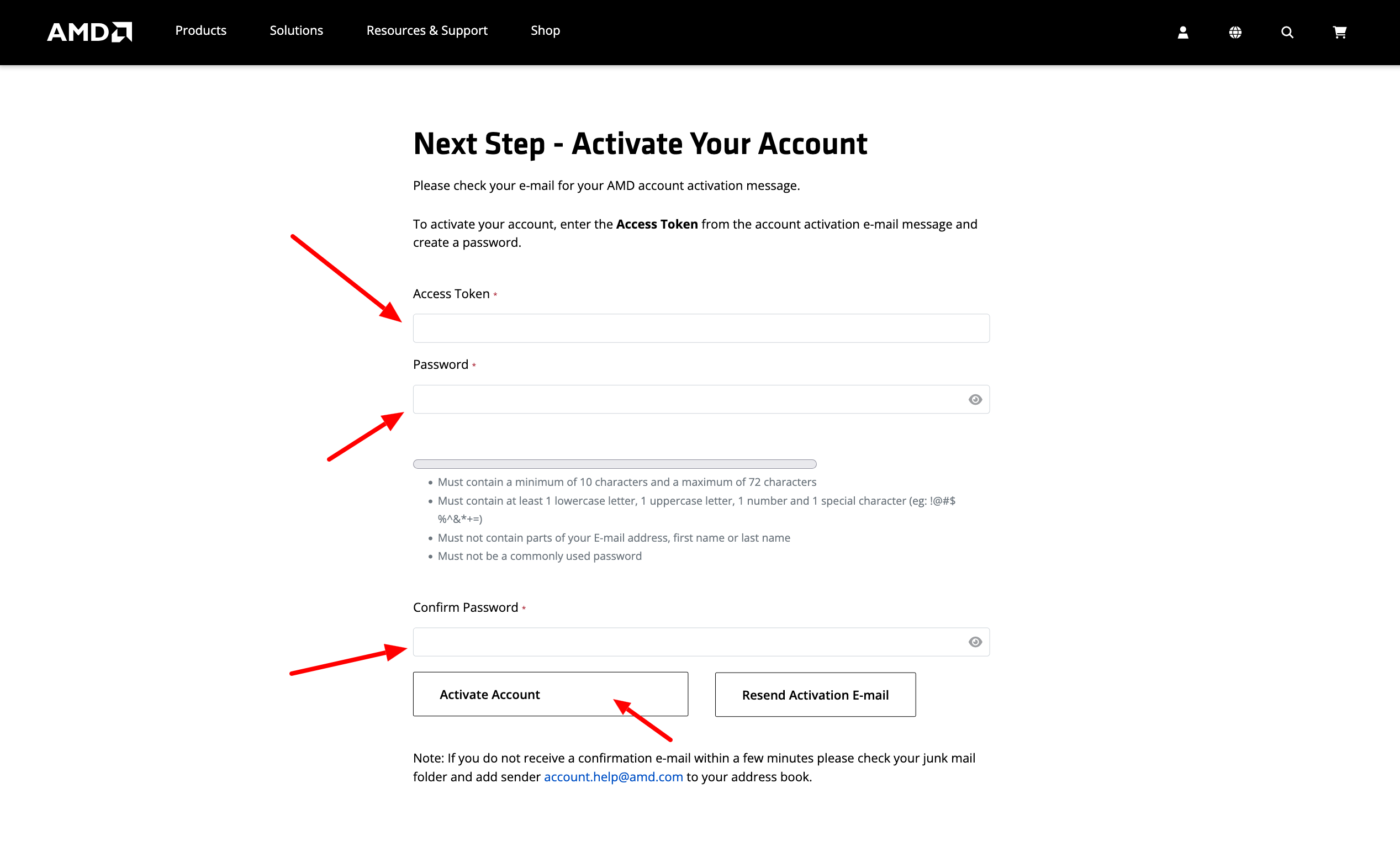 Step 3: Activate Your Account page asking for the Access Token and a new password