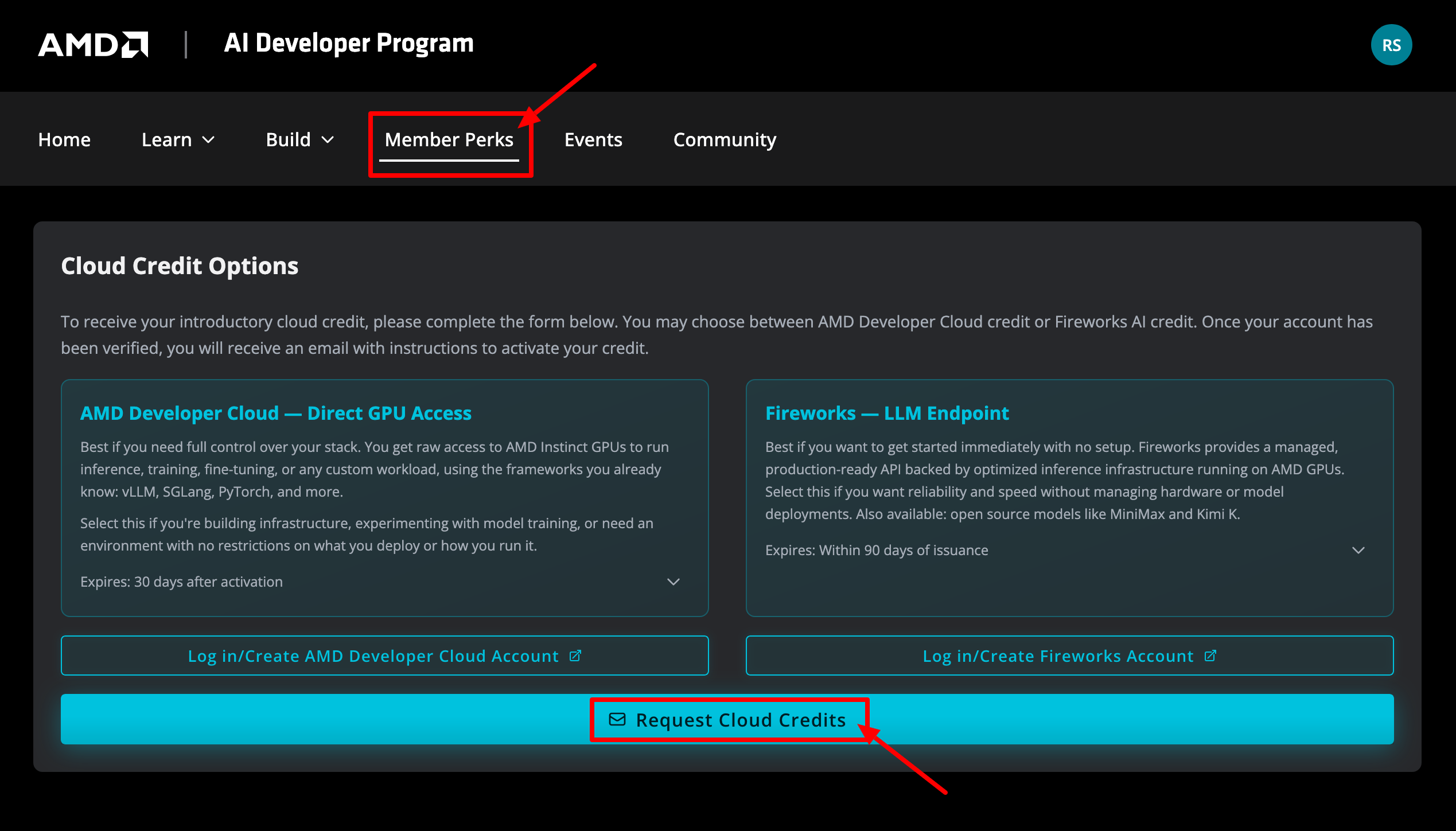 Step 4: Member Perks Cloud Credit Options page with Fireworks and AMD Developer Cloud choices