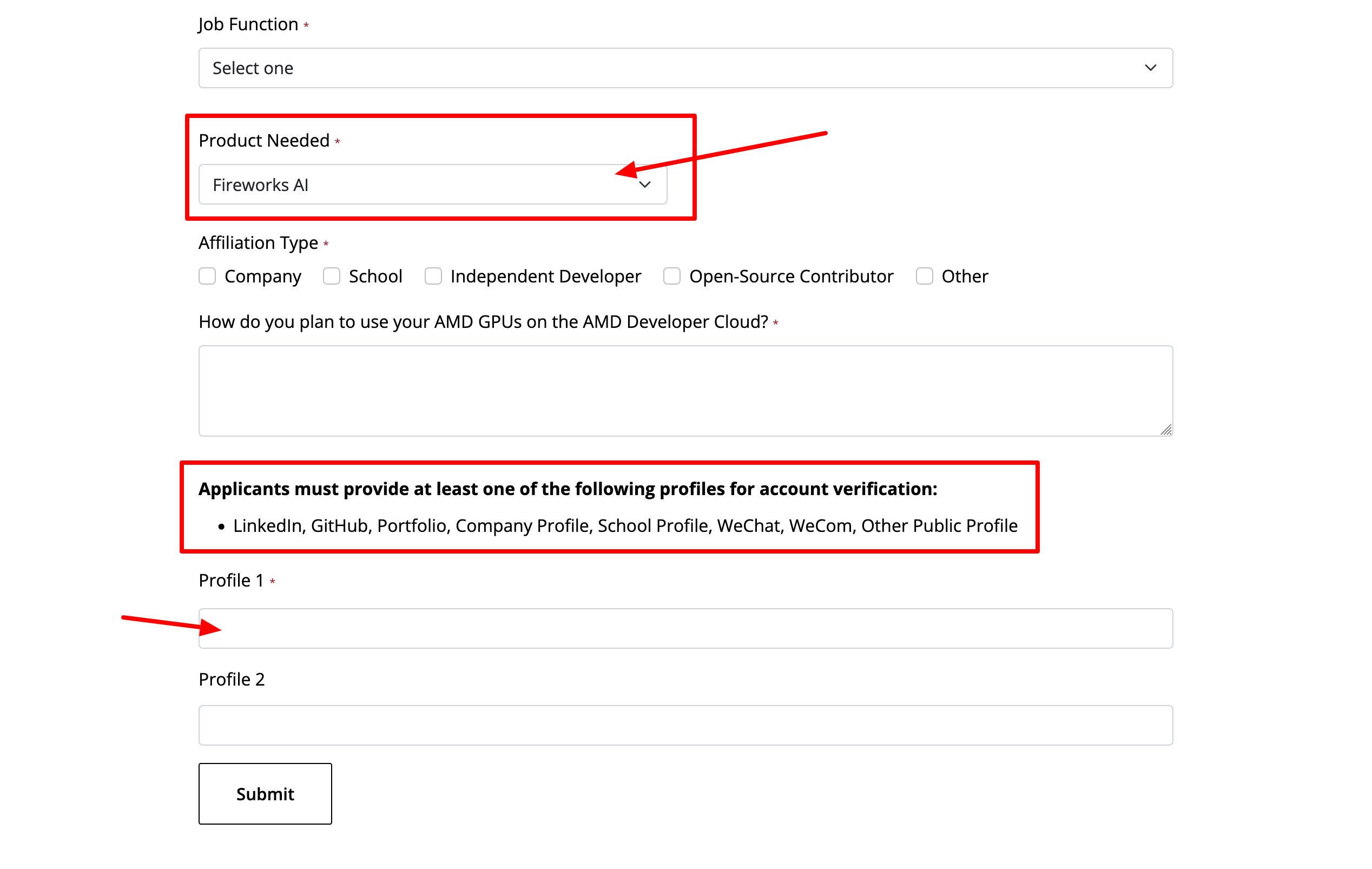 Step 5: Cloud credit application form with Fireworks AI selected as Product Needed and verification profile fields