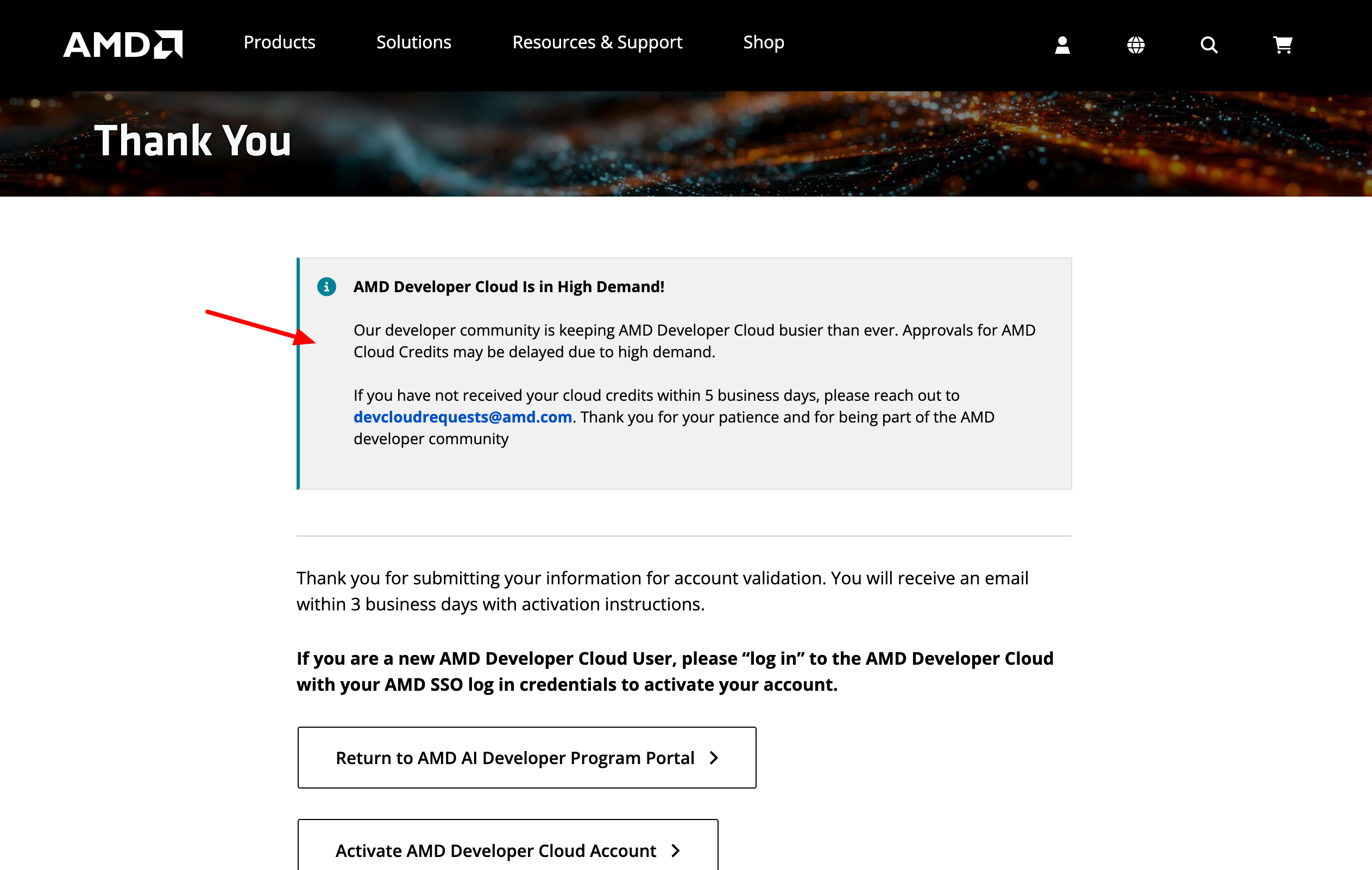 Step 6: Thank You page confirming submission with review timeline and support contact