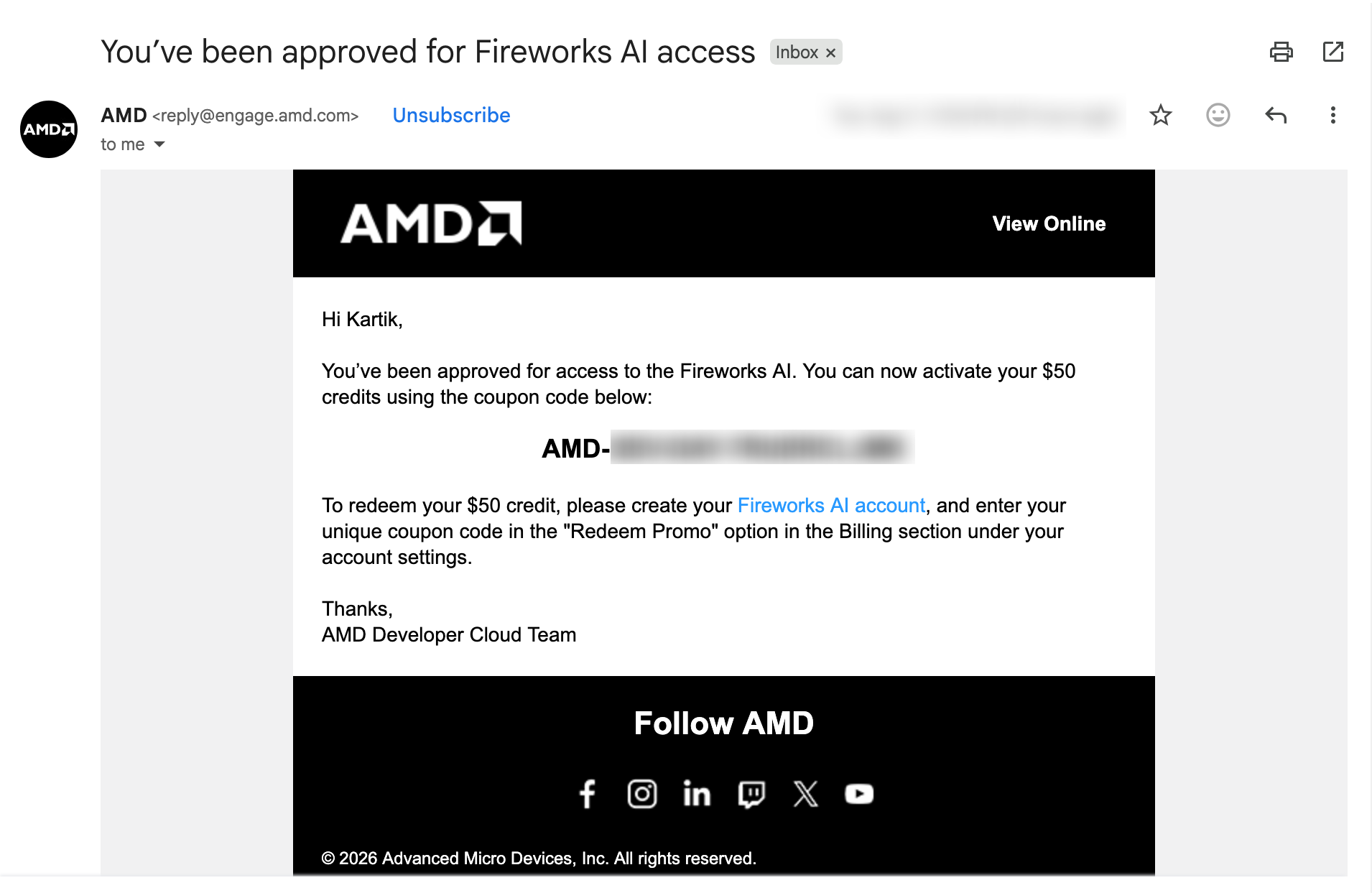 Step 7: Approval email from AMD with the $50 Fireworks AI coupon code