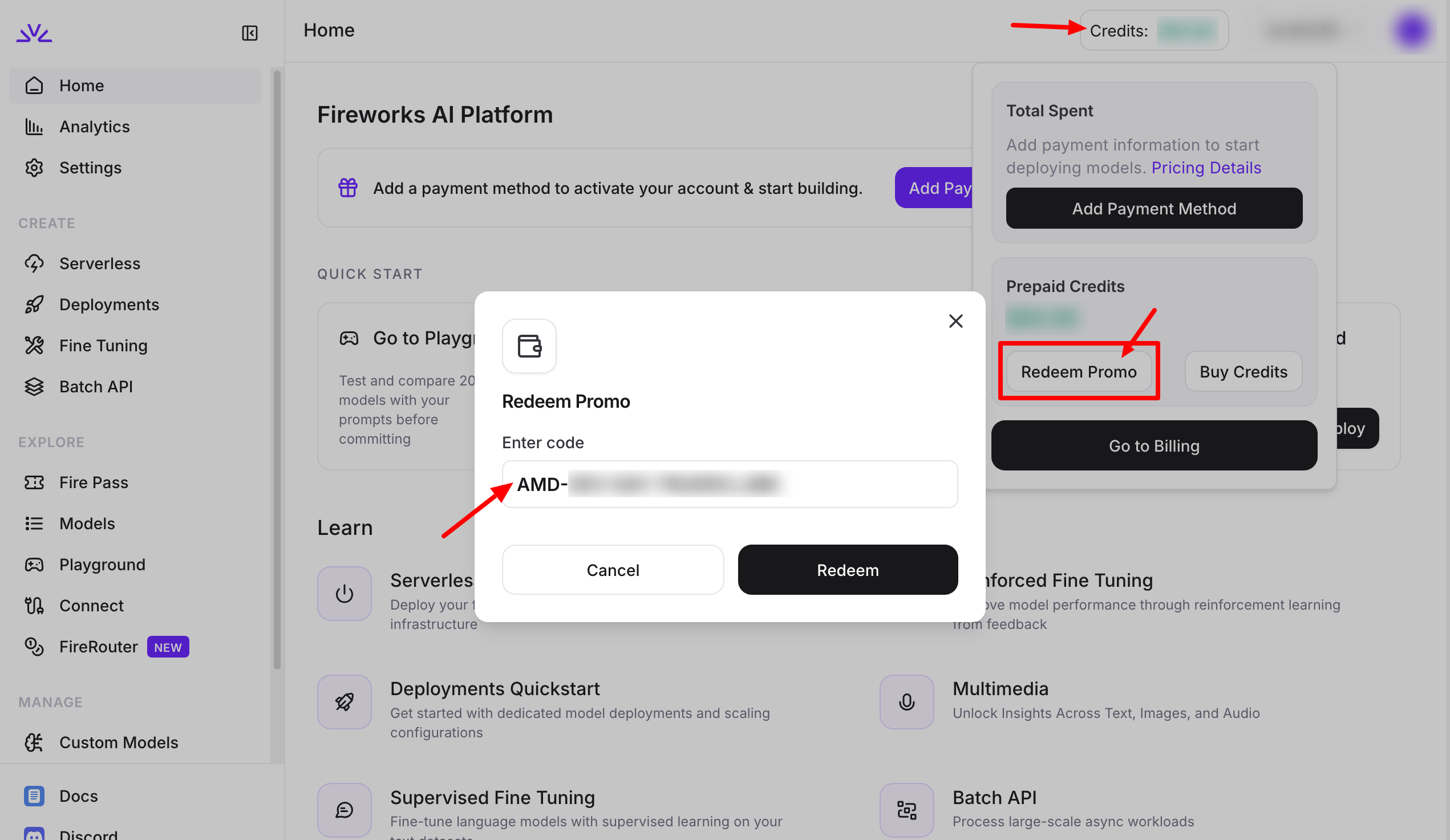 Step 8: Fireworks AI Redeem Promo dialog with the AMD coupon code entered